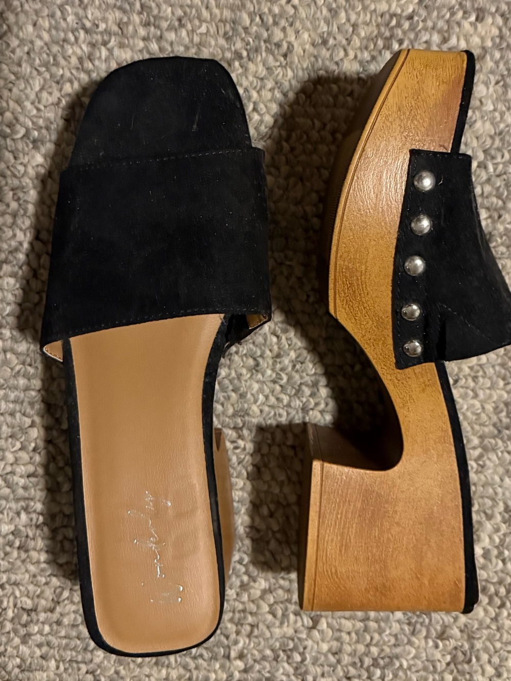Wonderly Black Suede Slide Clogs with Tan Footbed